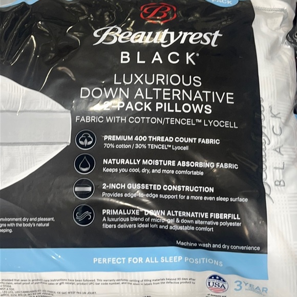Beautyrest Black Luxurious Down Alternative Pillow, 2-Pack, Queen 400 Thread Ct - Picture 6 of 11
